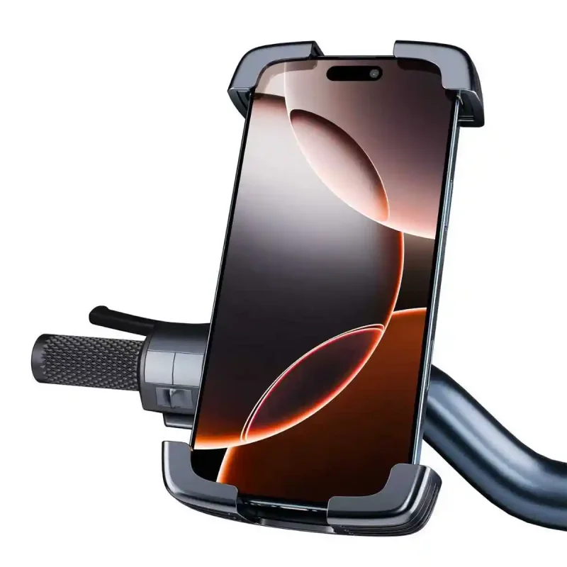 Telefon zamontowany w uchwycie rowerowym Blavec VELO BV-04 na kierownicę. Uchwyt umożliwia wygodne korzystanie z nawigacji podczas jazdy rowerem, hulajnogą lub motocyklem.