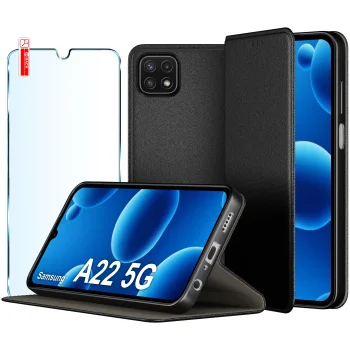 Etui do Samsung Galaxy A22 5G czarne magnetyczne zamykane ze szkłem