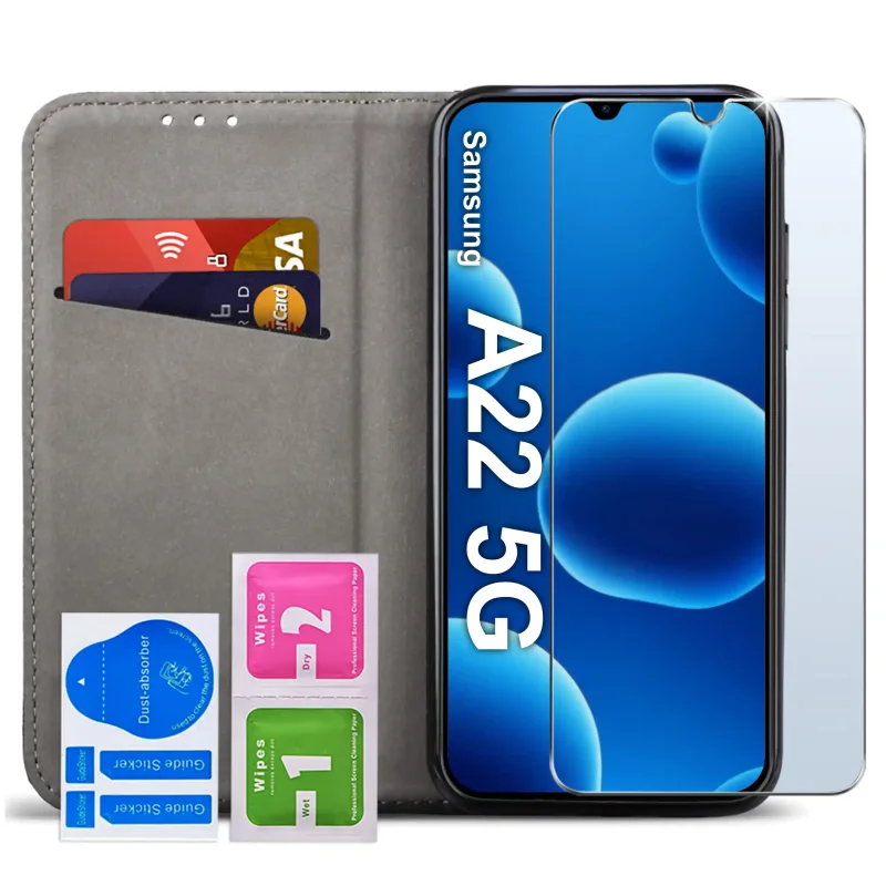 Wnętrze czarne etui do Samsung Galaxy A22 5G z kieszonką na karty, szkłem hartowanym 9H oraz akcesoriami do montażu ochrony ekranu