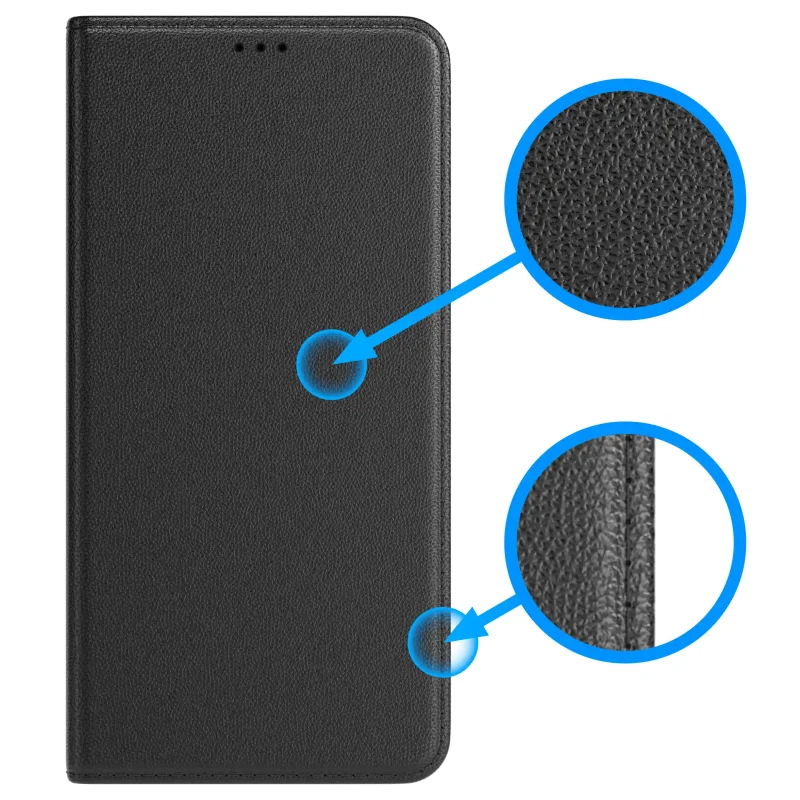 Czarne etui z ekoskóry do Samsung Galaxy A22 5G z fakturą imitującą skórę, magnetycznym zamknięciem i precyzyjnym wykończeniem krawędzi