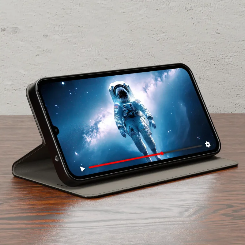 Samsung Galaxy A22 5G ustawiony poziomo w czarnym etui z klapką pełniącym funkcję stojaka do wygodnego oglądania filmów