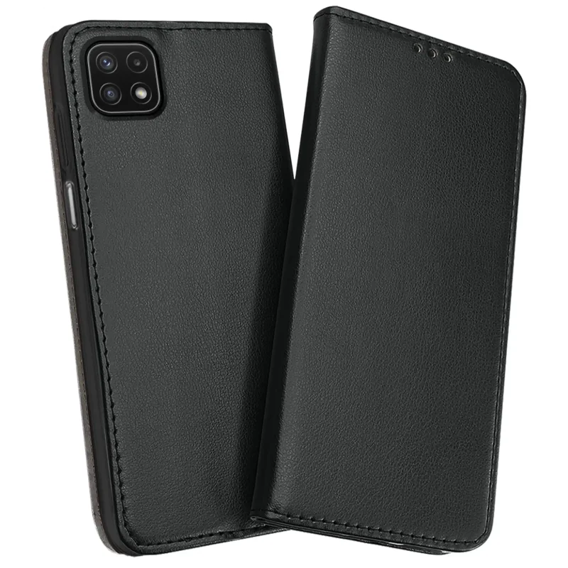 Skórzane etui z klapką do Samsung Galaxy A22 5G w kolorze czarnym z ochroną wyspy aparatów, miękkim wnętrzem i magnetycznym zamknięciem