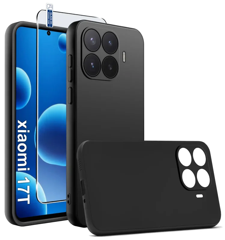 Czarne matowe etui silikonowe do Xiaomi 17T ze szkłem hartowanym 9H w zestawie