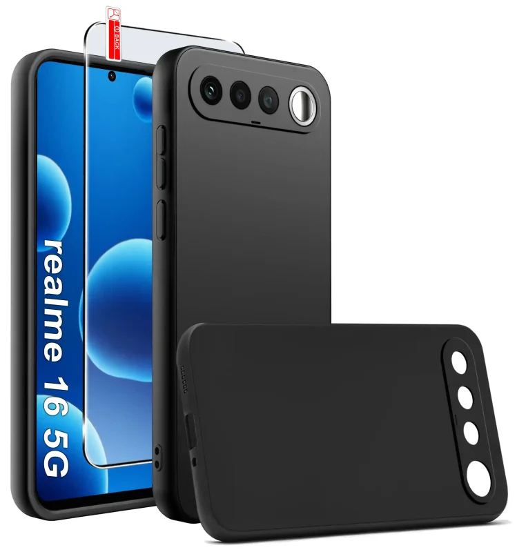 Czarne matowe etui silikonowe do Realme 16 5G ze szkłem hartowanym 9H w zestawie