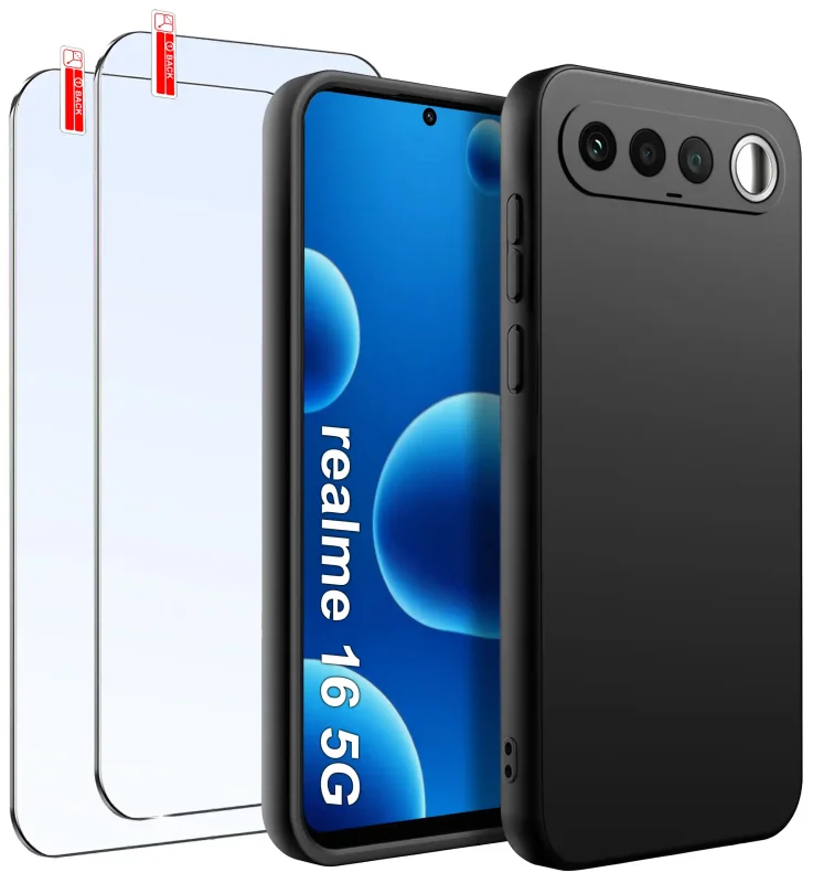Czarne matowe etui silikonowe do Realme 16 5G z zestawem 2 szkieł hartowanym 9H