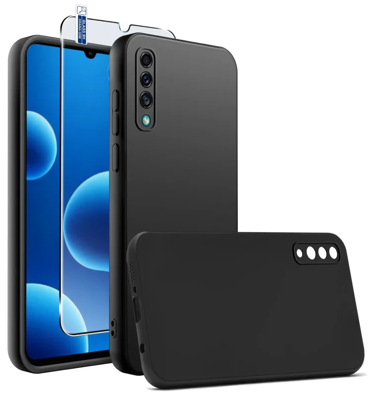 Czarne matowe etui silikonowe do Samsung Galaxy A50 A30s ze szkłem hartowanym 9H w zestawie