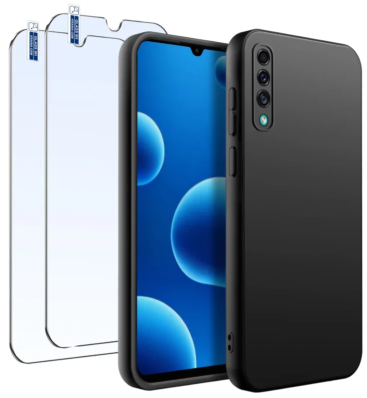 Czarne matowe etui silikonowe do Samsung Galaxy A50 / A30s z zestawem 2 szkieł hartowanym 9H