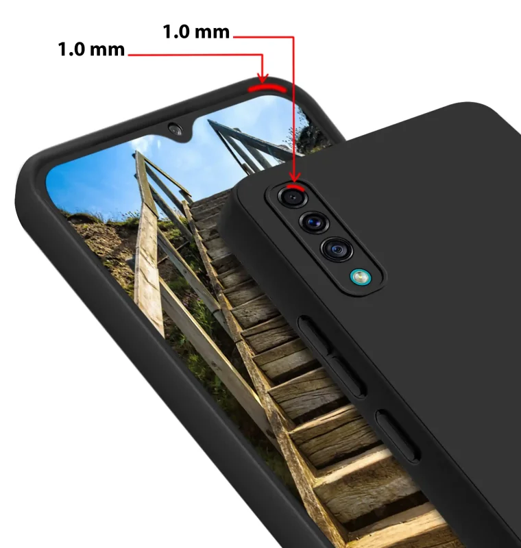 Czarne etui do Samsung Galaxy A50 / A30s z podwyższonym rantem 1 mm przy ekranie i wyspie aparatów