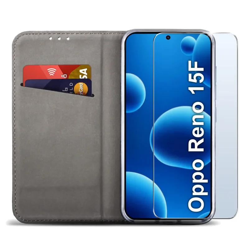 Oppo Reno 15 F / 15 FS 5G czerwone etui z klapką – elegancki wygląd telefonu i szkło ochronne w zestawie