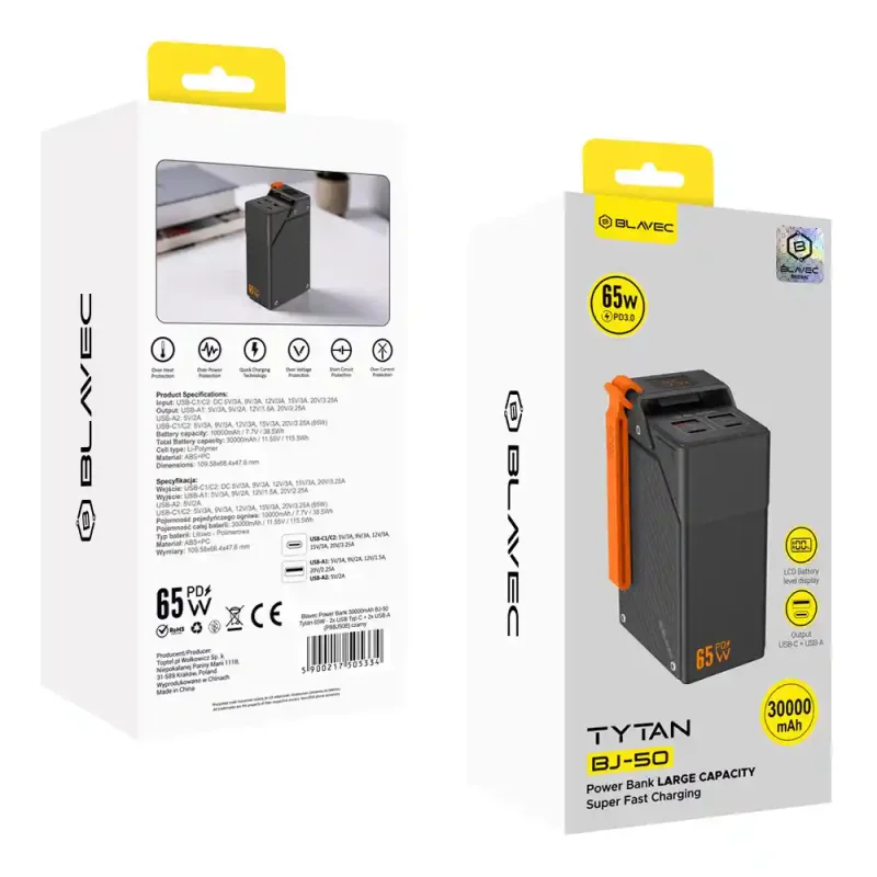 Opakowanie powerbanka BLAVEC 30000 mAh 65W PD USB-C – szybka ładowarka przenośna do urządzeń mobilnych