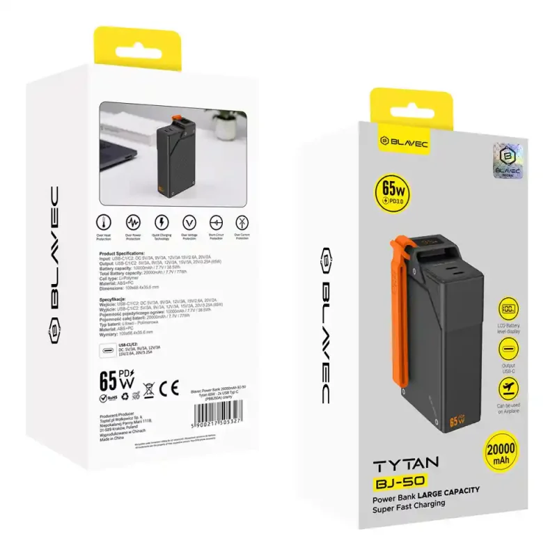 Opakowanie powerbanka BLAVEC 20000 mAh 65W PD USB-C – szybka ładowarka przenośna do urządzeń mobilnych