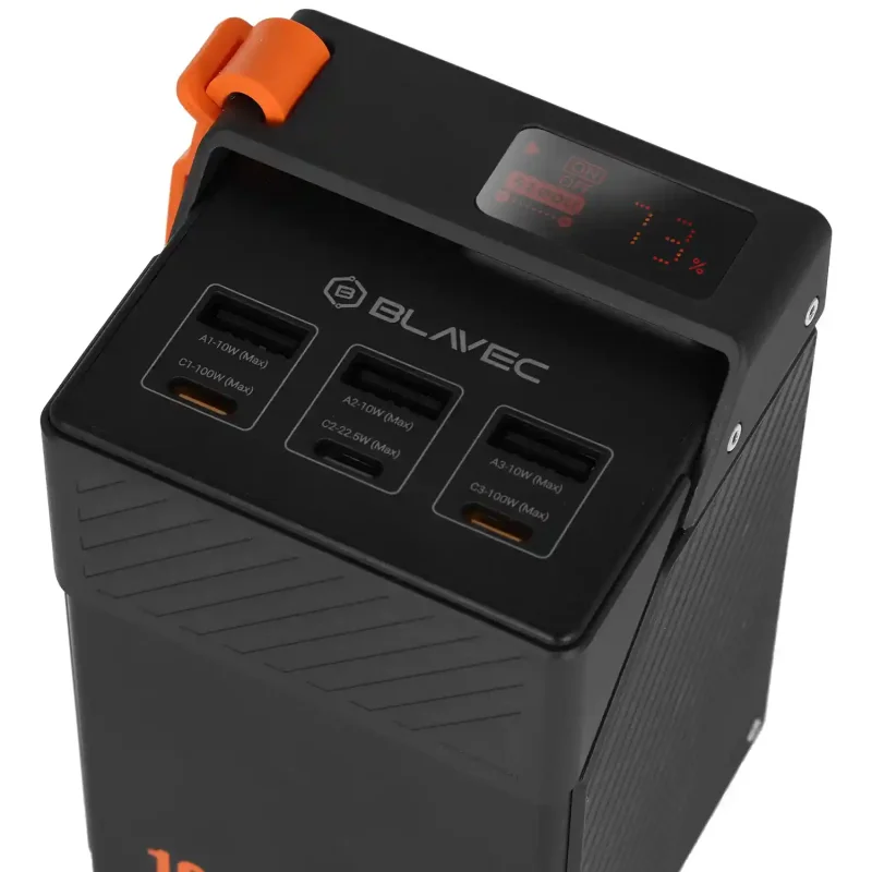 Szybki powerbank BLAVEC 50000 mAh 65W PD z sześcioma portami USB – czarna obudowa ABS i PC
