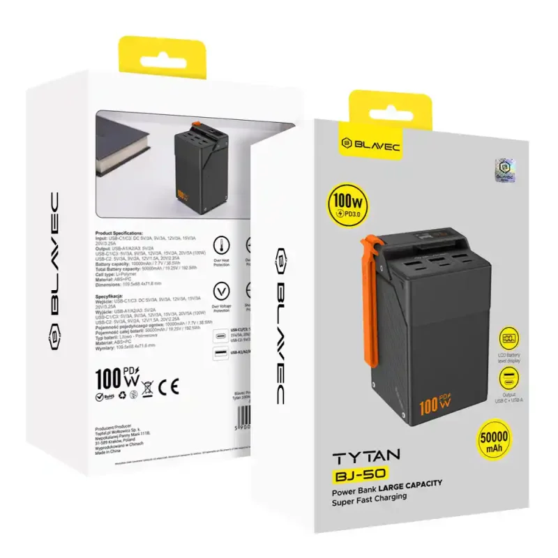 Opakowanie powerbanka BLAVEC 50000 mAh 65W PD USB-C USB-A – szybka ładowarka przenośna do urządzeń mobilnych
