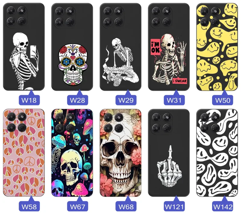Kolekcja różnych wzorów etui Halloween do Motorola Moto G37 z motywami czaszek, szkieletów, uśmiechów i grafik w stylu dark