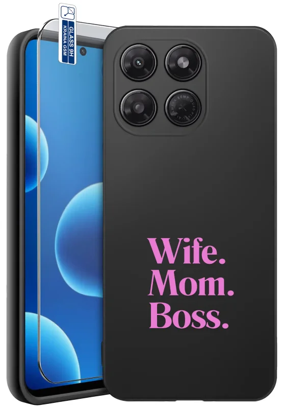 Etui dla Mamy do Motorola Moto G37 z różowym napisem Wife. Mom. Boss. oraz szkłem hartowanym 9H w zestawie