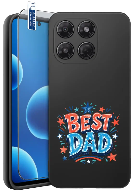 Etui dla Taty do Motorola Moto G37 z kolorowym napisem Best Dad i motywem gwiazdek oraz szkłem hartowanym 9H w zestawie