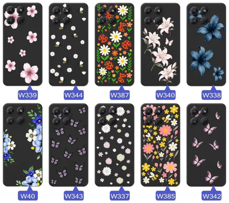 Kolekcja wzorów wiosennych na etui do Motorola Moto G37: kwiaty, motyle, pszczółki, biedronki i truskawki na silikonowych pleckach