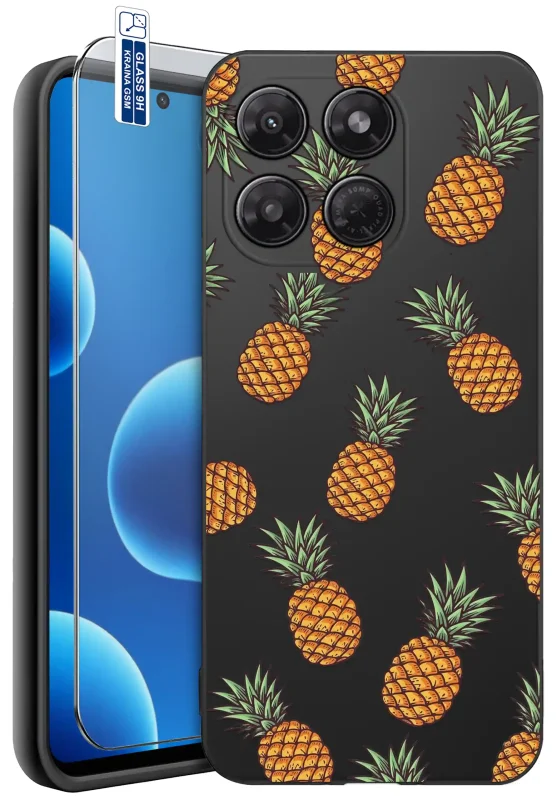 Etui wakacyjne do Motorola Moto G37 z motywem ananasów na czarnym tle oraz szkłem hartowanym 9H w zestawie