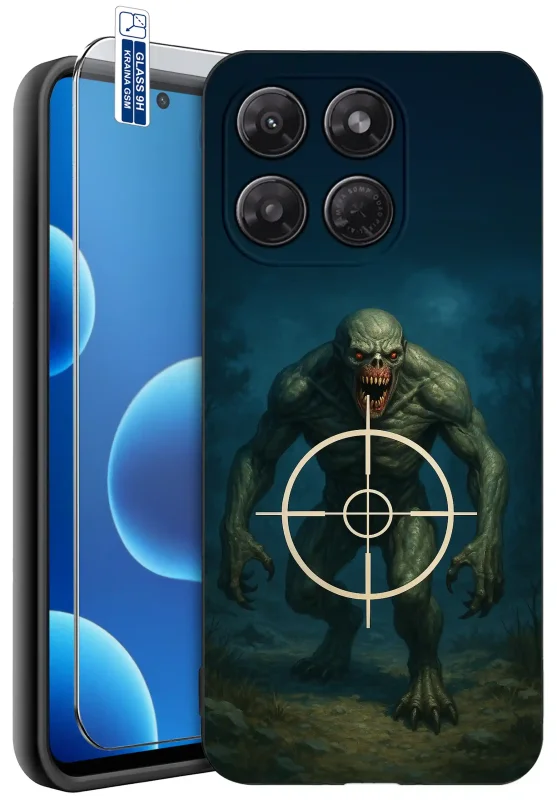 Etui dla gracza do Motorola Moto G37 z motywem potwora i celownika na ciemnym tle oraz szkłem hartowanym 9H w zestawie