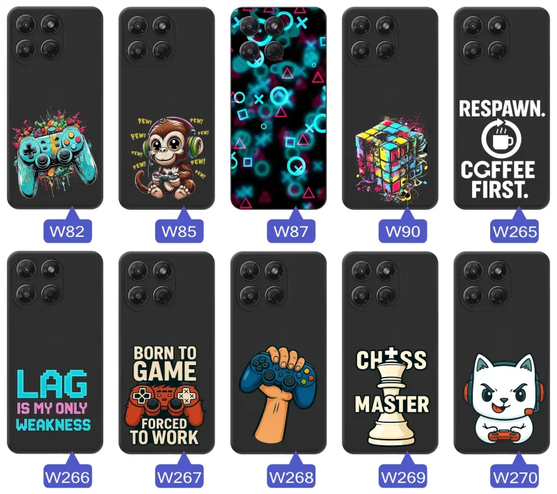 Kolekcja gamingowych etui do Motorola Moto G37 z motywami padów, neonowych symboli, retro haseł i pikselowych grafik inspirowanych światem gier