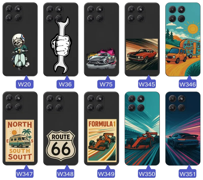 Kolekcja etui do Motorola Moto G37 z motywami samochodów, motocykli, Formuły 1, Route 66 i klasycznych aut