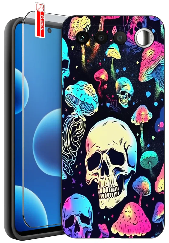 Etui Halloween do Realme 16 5G z kolorową grafiką czaszek i grzybów na czarnym tle oraz szkłem hartowanym 9H w zestawie