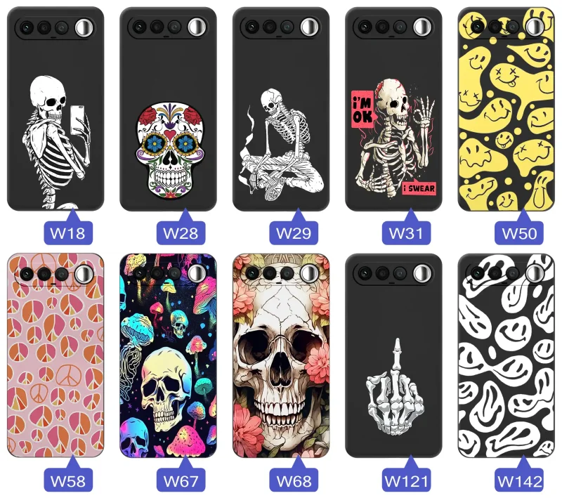 Kolekcja różnych wzorów etui Halloween do Realme 16 5G z motywami czaszek, szkieletów, uśmiechów i grafik w stylu dark