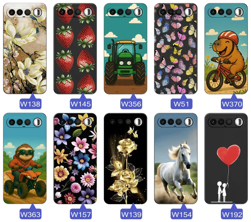 Różne etui z wiosennymi wzorami na Realme 16 5G, czarne silikonowe plecki z motywami kwiatów, motyli i truskawekwebp