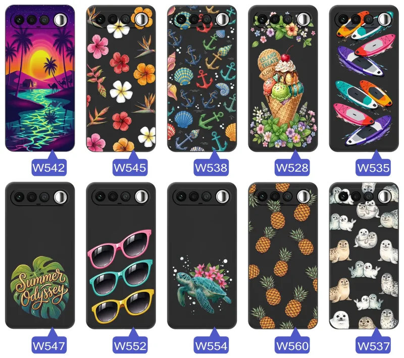 Kolekcja etui wakacyjnych do Realme 16 5G z palmami, kwiatami, kotwicami, lodami, deskami SUP, fokami i ananasami