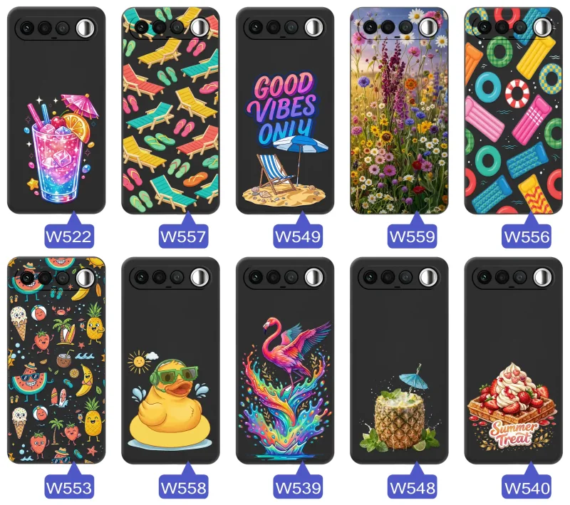 Różne letnie wzory etui do Realme 16 5G z motywami leżaków, napojów, kwiatów, materacy, flamingów i owoców