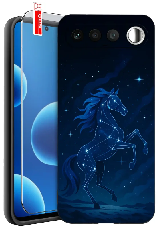 Etui z koniem do Realme 16 5G z granatową grafiką konia utworzonego z gwiazd i konstelacji oraz szkłem hartowanym 9H w zestawie