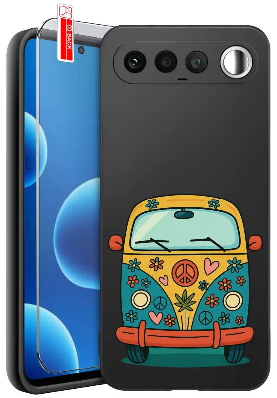 Etui z autem do Realme 16 5G z kolorowym motywem retro kampera z kwiatami i znakami pokoju oraz szkłem hartowanym 9H w zestawie