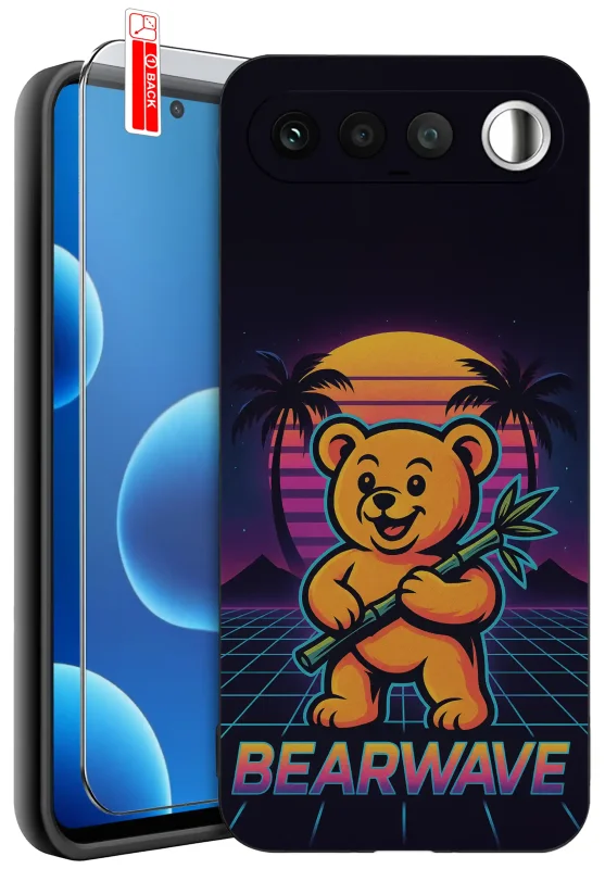 Etui z misiem do Realme 16 5G z grafiką misia trzymającego bambus na tle zachodu słońca i palm oraz szkłem hartowanym 9H w zestawie