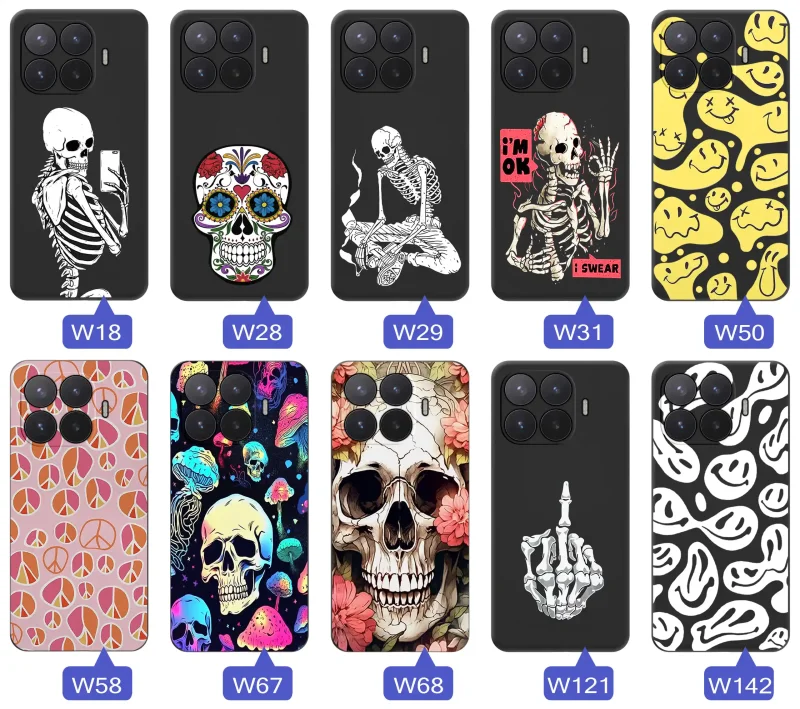 Kolekcja różnych wzorów etui Halloween do Xiaomi 17T z motywami czaszek, szkieletów, uśmiechów i grafik w stylu dark