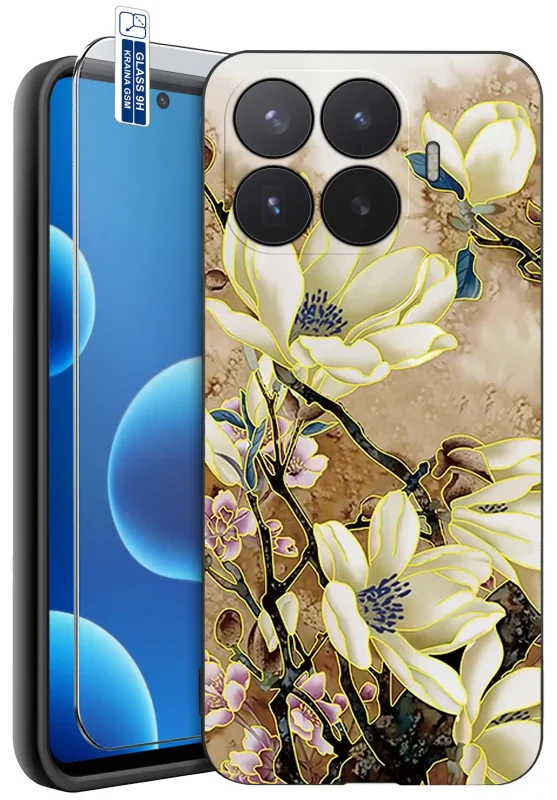 Etui do Xiaomi 17T z motywem białych kwiatów magnolii na beżowym tle oraz szkłem hartowanym 9H w zestawie