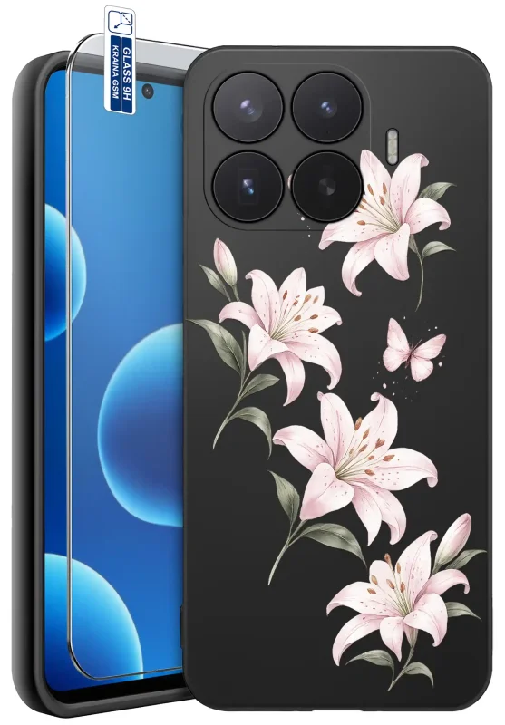 Etui wiosenne do Xiaomi 17T z motywem różowych lilii i motyla oraz szkłem hartowanym 9H w zestawie