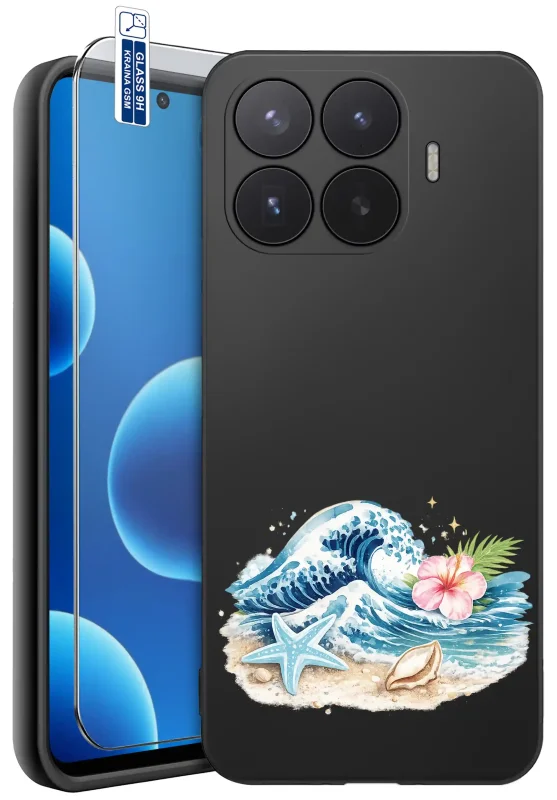 Etui wakacyjne do Xiaomi 17T z motywem morskich fal, hibiskusa, rozgwiazdy i muszli oraz szkłem hartowanym 9H w zestawie