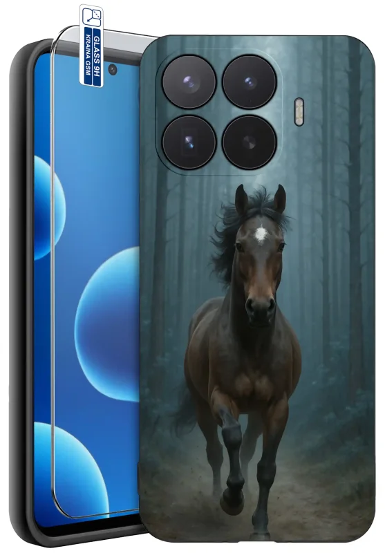 Etui z koniem do Xiaomi 17T z motywem galopującego konia w leśnej mgle oraz szkłem hartowanym 9H w zestawie