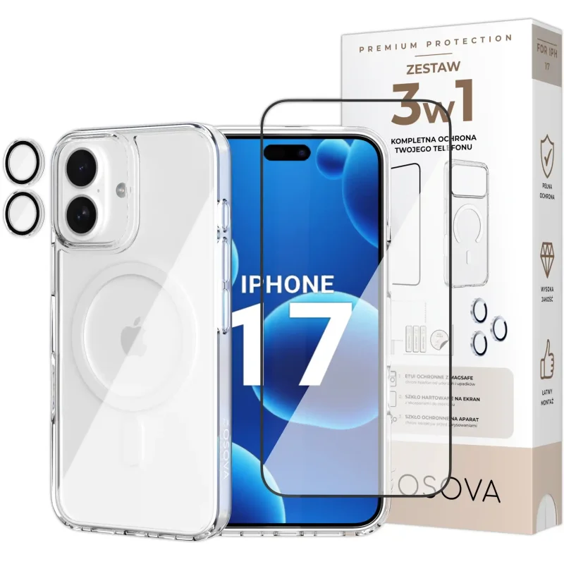 Zestaw 3w1 OSOVA do iPhone 17 z etui MagSafe, szkłem hartowanym na ekran i szkłami na aparat