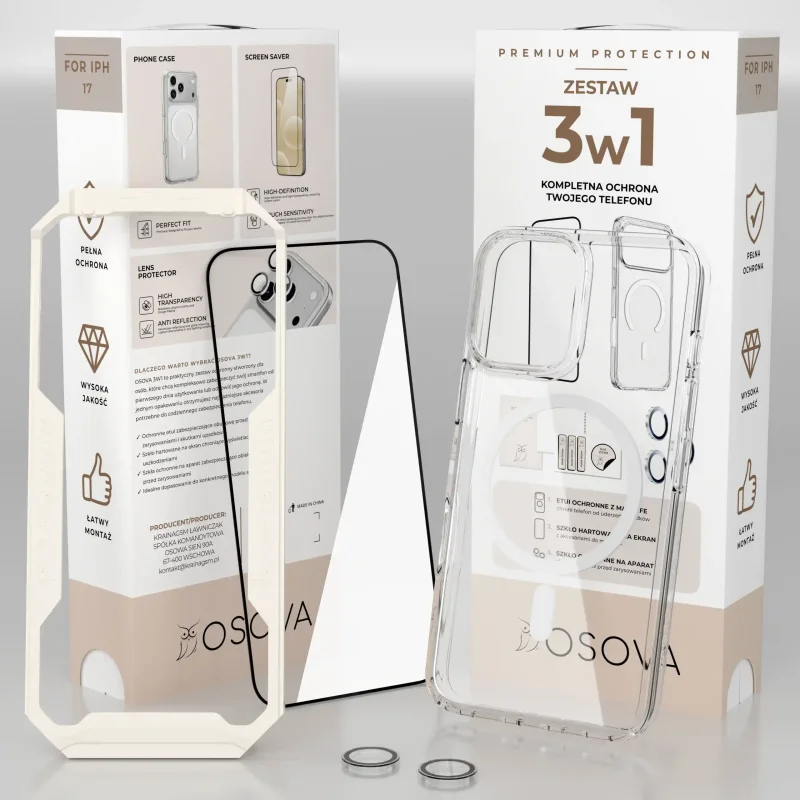 Zestaw OSOVA 3w1 do iPhone 17 z aplikatorem, szkłem hartowanym, etui MagSafe i szkłami na aparat