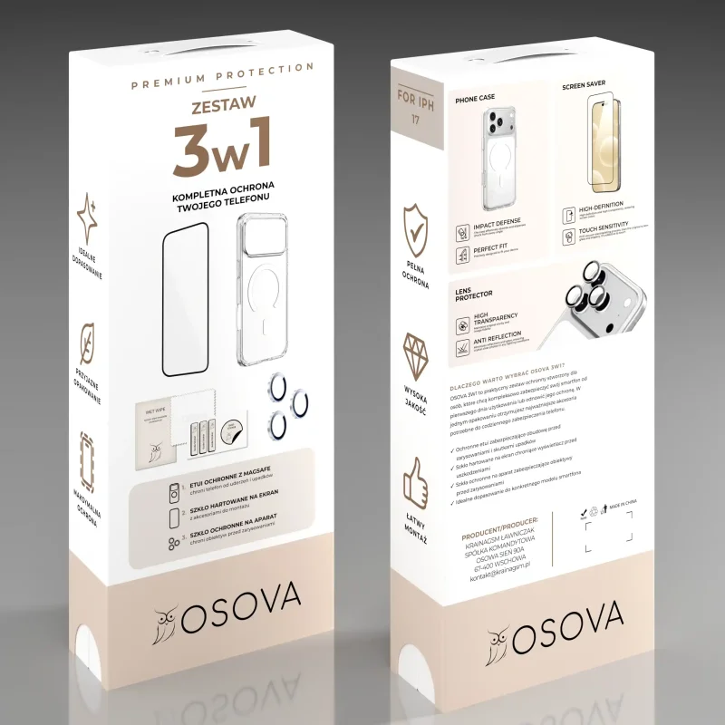 Opakowanie zestawu OSOVA 3w1 do iPhone 17 z etui MagSafe, szkłem na ekran i szkłami na obiektywy