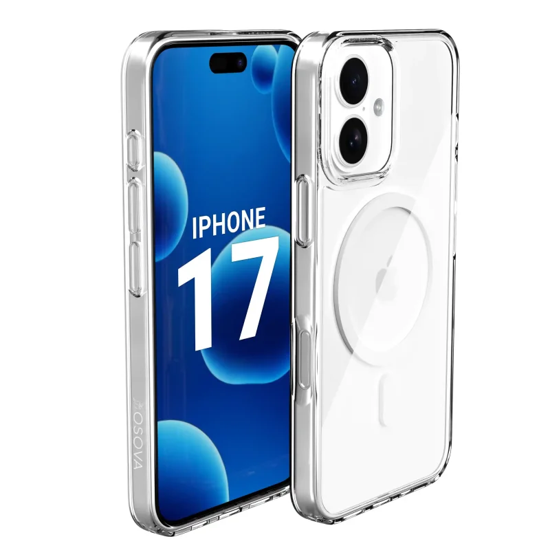 iPhone 17 w przezroczystym etui OSOVA Magnetic Clear z MagSafe i osłoną wyspy aparatów