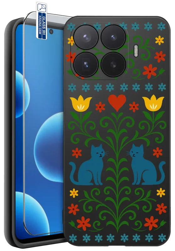 Etui ludowe do Xiaomi 17T z motywem kotów, kwiatów i serca w folkowym stylu oraz szkłem hartowanym 9H w zestawie