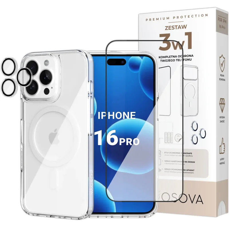 Zestaw 3w1 OSOVA do iPhone 16 Pro z etui do MagSafe, szkłem hartowanym na ekran i szkłami na aparat