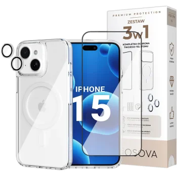 Zestaw 3w1 OSOVA etui do iPhone 15 MagSafe, szkło hartowane na ekran i aparat