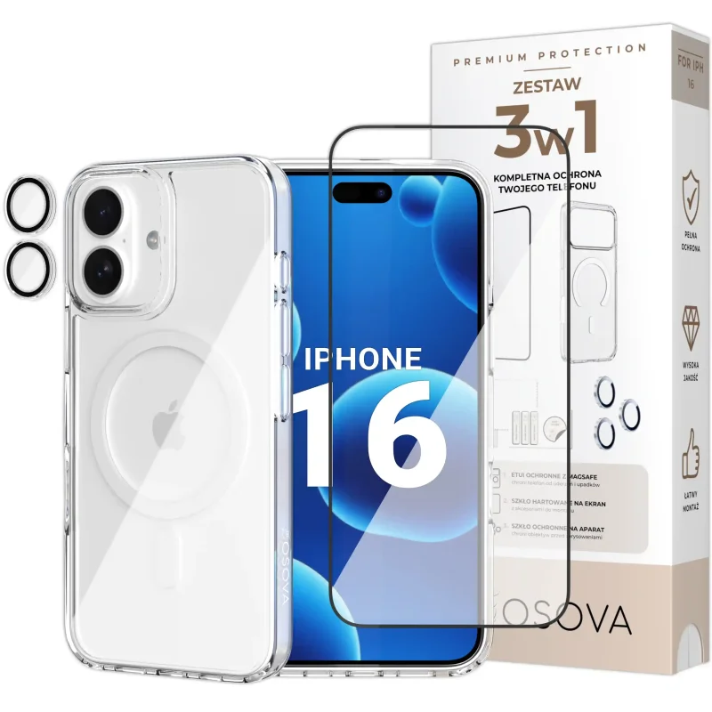 Zestaw 3w1 OSOVA do iPhone 16 z etui MagSafe, szkłem hartowanym na ekran i szkłami na aparat