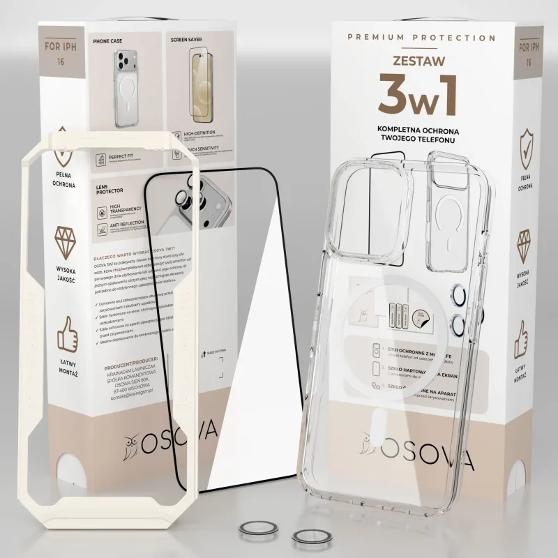 Zestaw OSOVA 3w1 do iPhone 16 z aplikatorem, szkłem hartowanym, etui MagSafe i szkłami na aparat