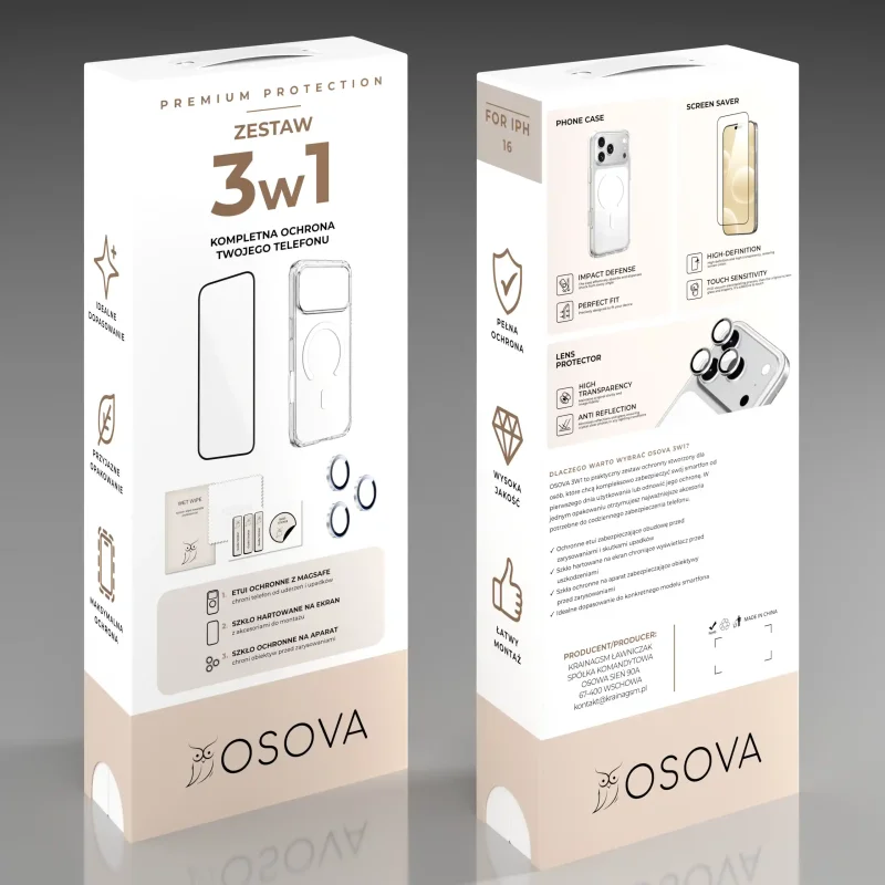 Opakowanie zestawu OSOVA 3w1 do iPhone 16 z etui MagSafe, szkłem na ekran i szkłami na obiektywy