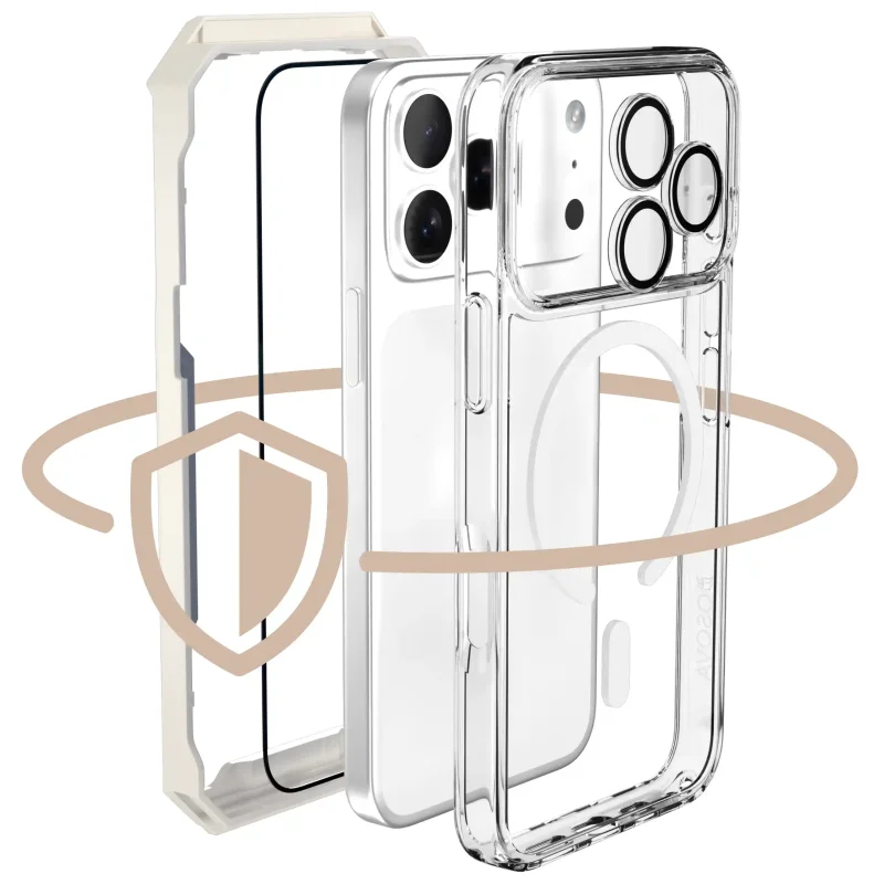 Przezroczyste etui MagSafe OSOVA do iPhone 17 Pro oraz szkło hartowane i ochrona obiektywów