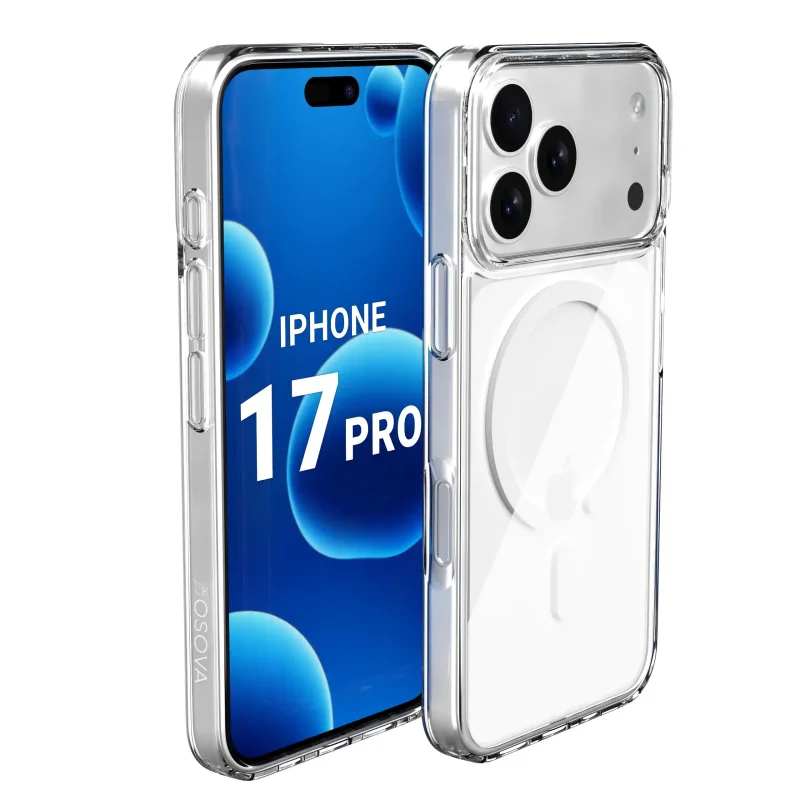 iPhone 17 Pro w przezroczystym etui OSOVA Magnetic Clear z MagSafe i osłoną wyspy aparatów